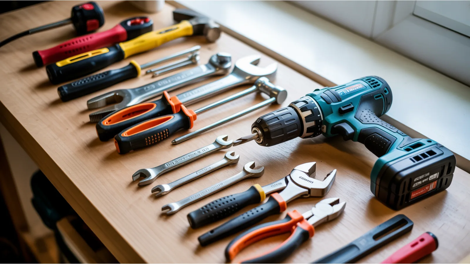 Organized handyman tools and a cordless drill on a clean workbench