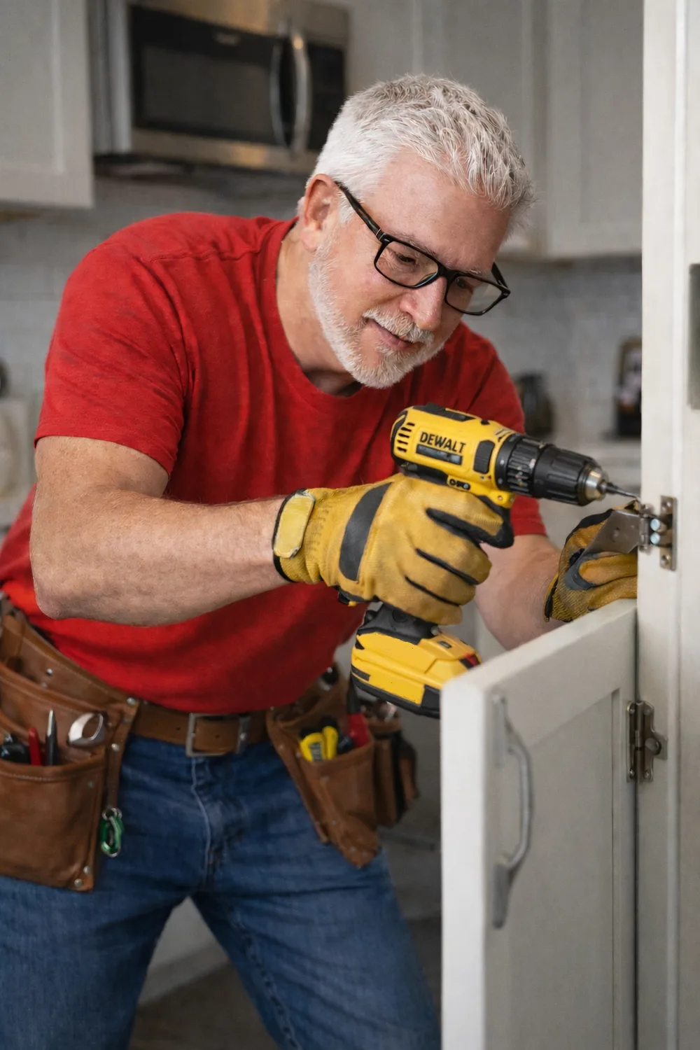A Tim's Toolbox handyman installing cabinet hardware with a cordless drill
